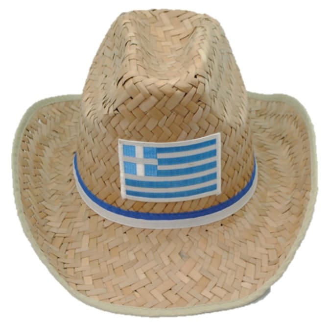 Strohhut Griechenland mit Flagge, Band blau/weiß